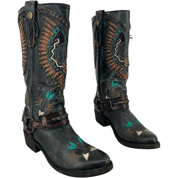 Corral Boots Shoes - Women's Black Corral Eagle Overlay w/ Embroidery & Harness Biker Boots 10M A3616